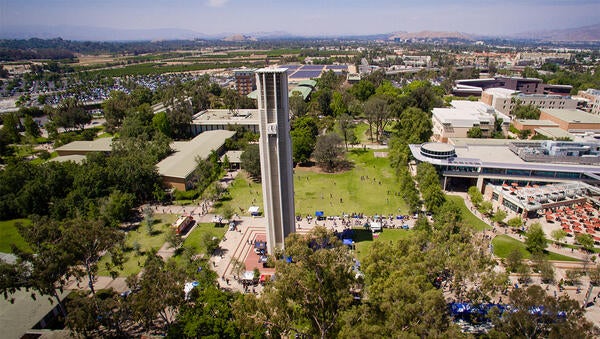 Aerial view of campus with bell tower