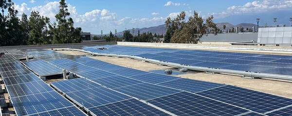 Rooftop solar panels on Bourns Hall