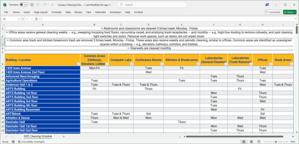 Screenshot of Excel table showing buildings and cleaning dates