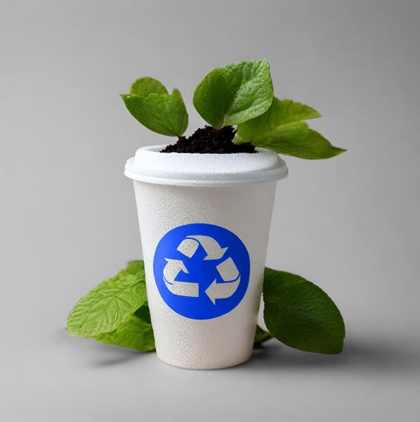 Styrofoam cup with recycle symbol growing a plant